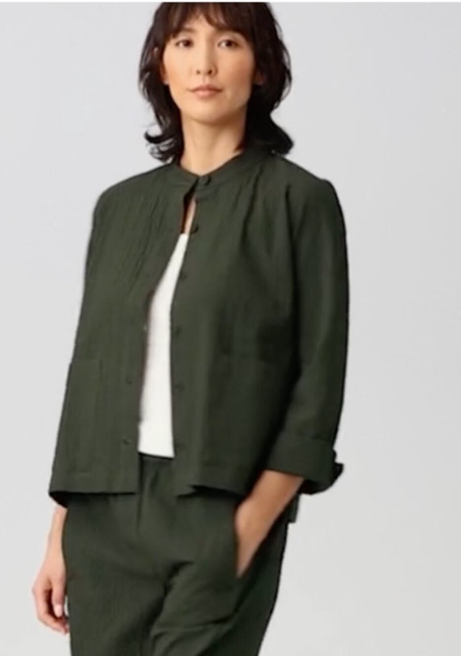 EILEEN FISHER NWT Organic Cotton Pucker Mandarin Collar Jacket in Green // S